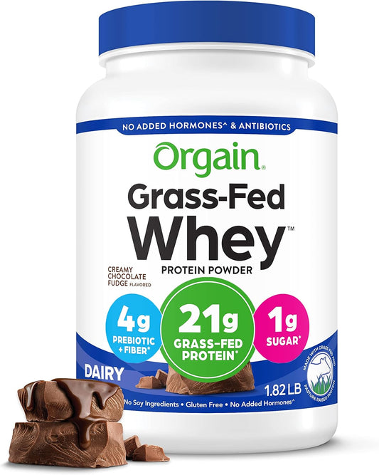 Orgain Creamy Chocolate Fudge Whey Protein Powder - Grass Fed Dairy Protein with BCAAs & Prebiotic Fiber, No Added Sugar, Hormones, Gluten Free - For Shakes & Smoothies - 1.82lb