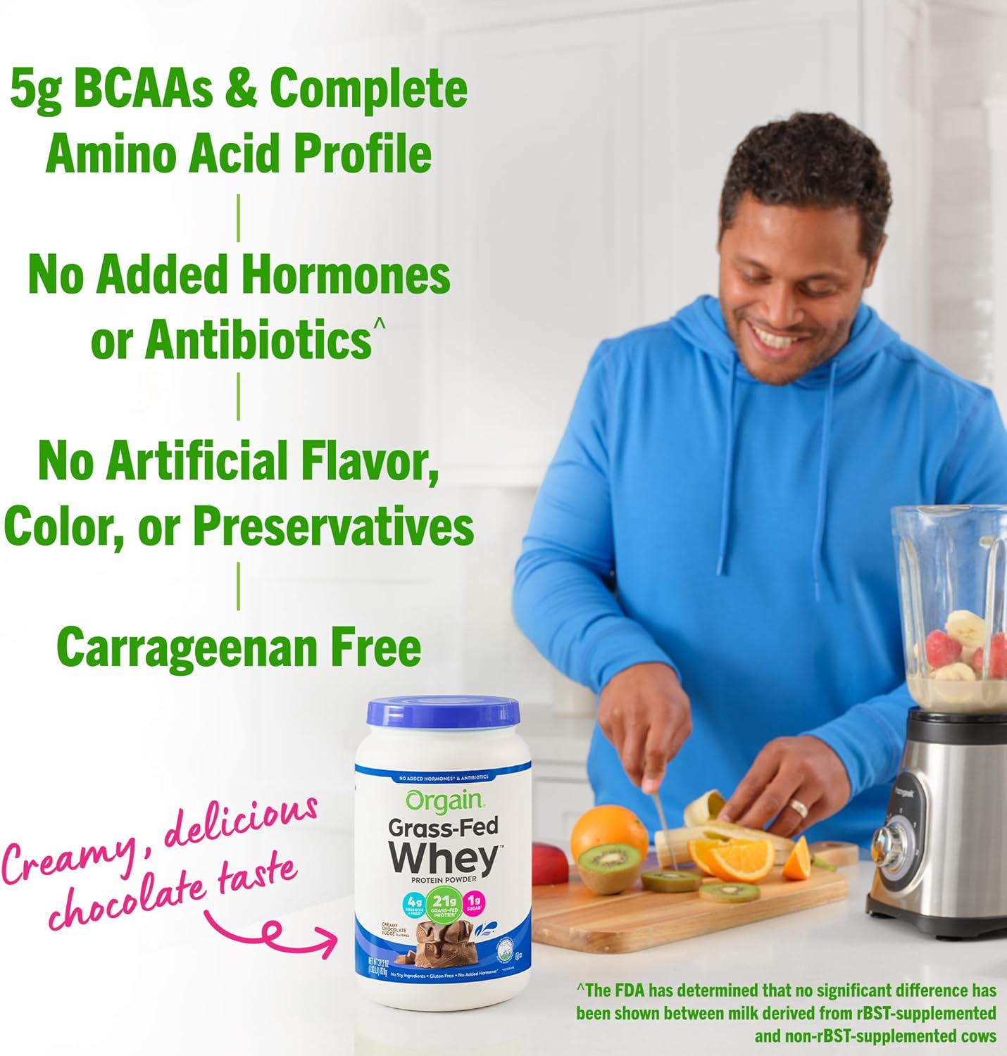 Orgain Creamy Chocolate Fudge Whey Protein Powder - Grass Fed Dairy Protein with BCAAs & Prebiotic Fiber, No Added Sugar, Hormones, Gluten Free - For Shakes & Smoothies - 1.82lb