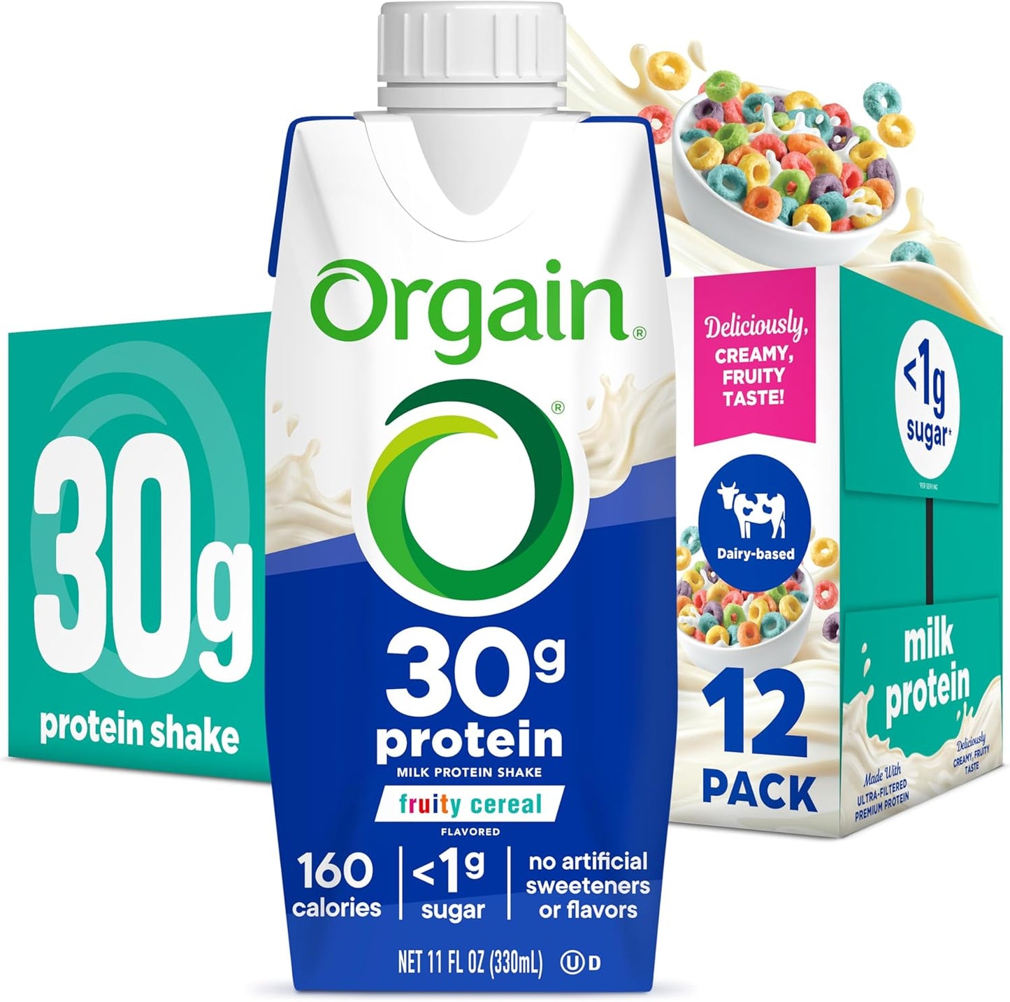 Orgain Fruity Cereal High Protein Shake - Dairy Isolate, 30g Protein, 6g BCAAs, <1g Sugar, Meal Replacement, Ready to Drink, Keto & Gluten-Free - 11 Fl Oz (Pack of 12)
