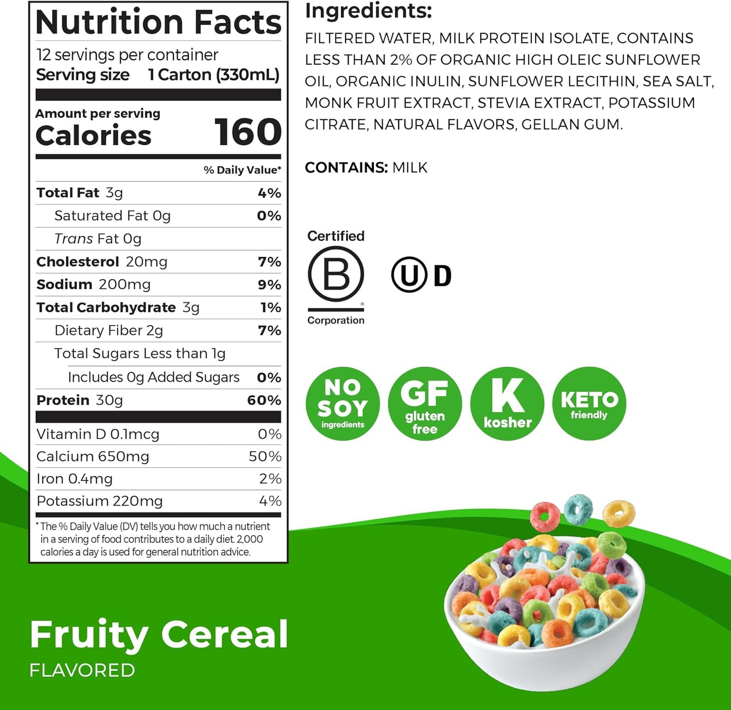 Orgain Fruity Cereal High Protein Shake - Dairy Isolate, 30g Protein, 6g BCAAs, <1g Sugar, Meal Replacement, Ready to Drink, Keto & Gluten-Free - 11 Fl Oz (Pack of 12)