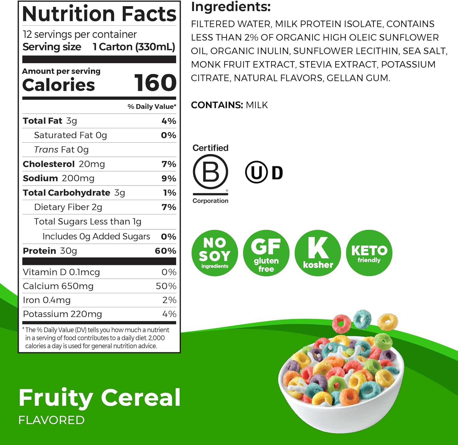 Orgain Fruity Cereal High Protein Shake - Dairy Isolate, 30g Protein, 6g BCAAs, <1g Sugar, Meal Replacement, Ready to Drink, Keto & Gluten-Free - 11 Fl Oz (Pack of 12)