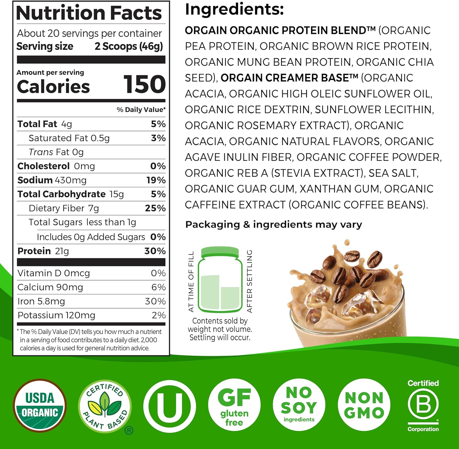 Orgain Iced Coffee Vegan Protein Powder - 21g Plant Protein, Low Net Carb, Non-GMO, No Added Sugar - Shakes & Smoothies - 2.03 lb