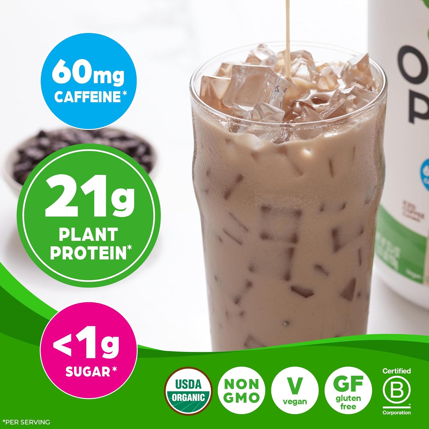 Orgain Iced Coffee Vegan Protein Powder - 21g Plant Protein, Low Net Carb, Non-GMO, No Added Sugar - Shakes & Smoothies - 2.03 lb