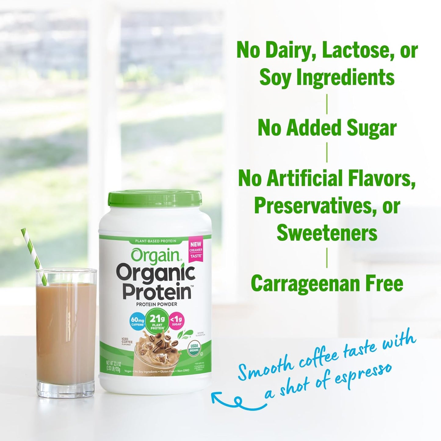 Orgain Iced Coffee Vegan Protein Powder - 21g Plant Protein, Low Net Carb, Non-GMO, No Added Sugar - Shakes & Smoothies - 2.03 lb