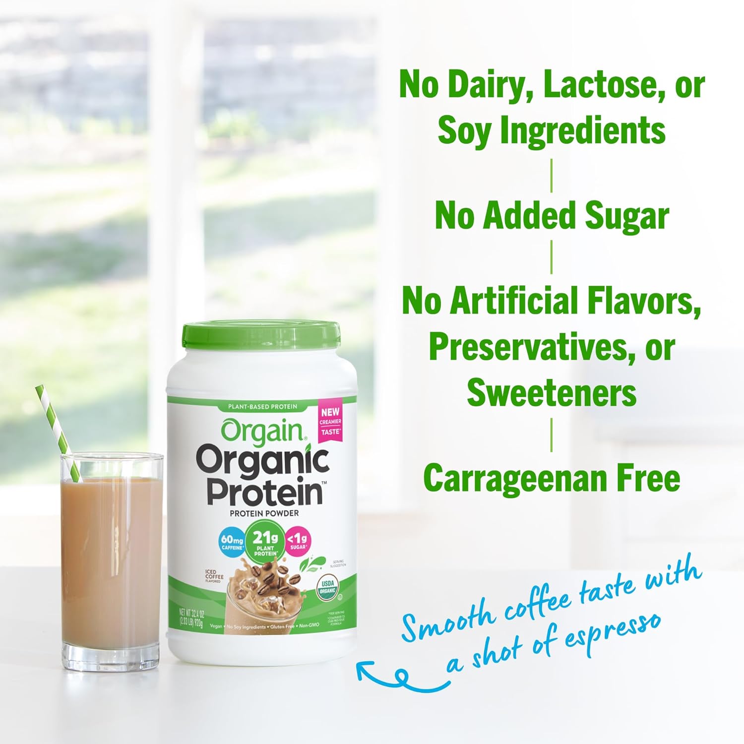 Orgain Iced Coffee Vegan Protein Powder - 21g Plant Protein, Low Net Carb, Non-GMO, No Added Sugar - Shakes & Smoothies - 2.03 lb