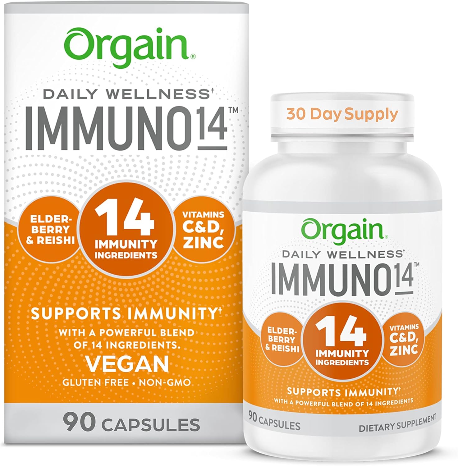 Orgain Immune Support Capsules with 14 Plant-Based Ingredients + Elderberry, Acerola Cherry, Organic Mushroom - Gluten Free, 90 ct