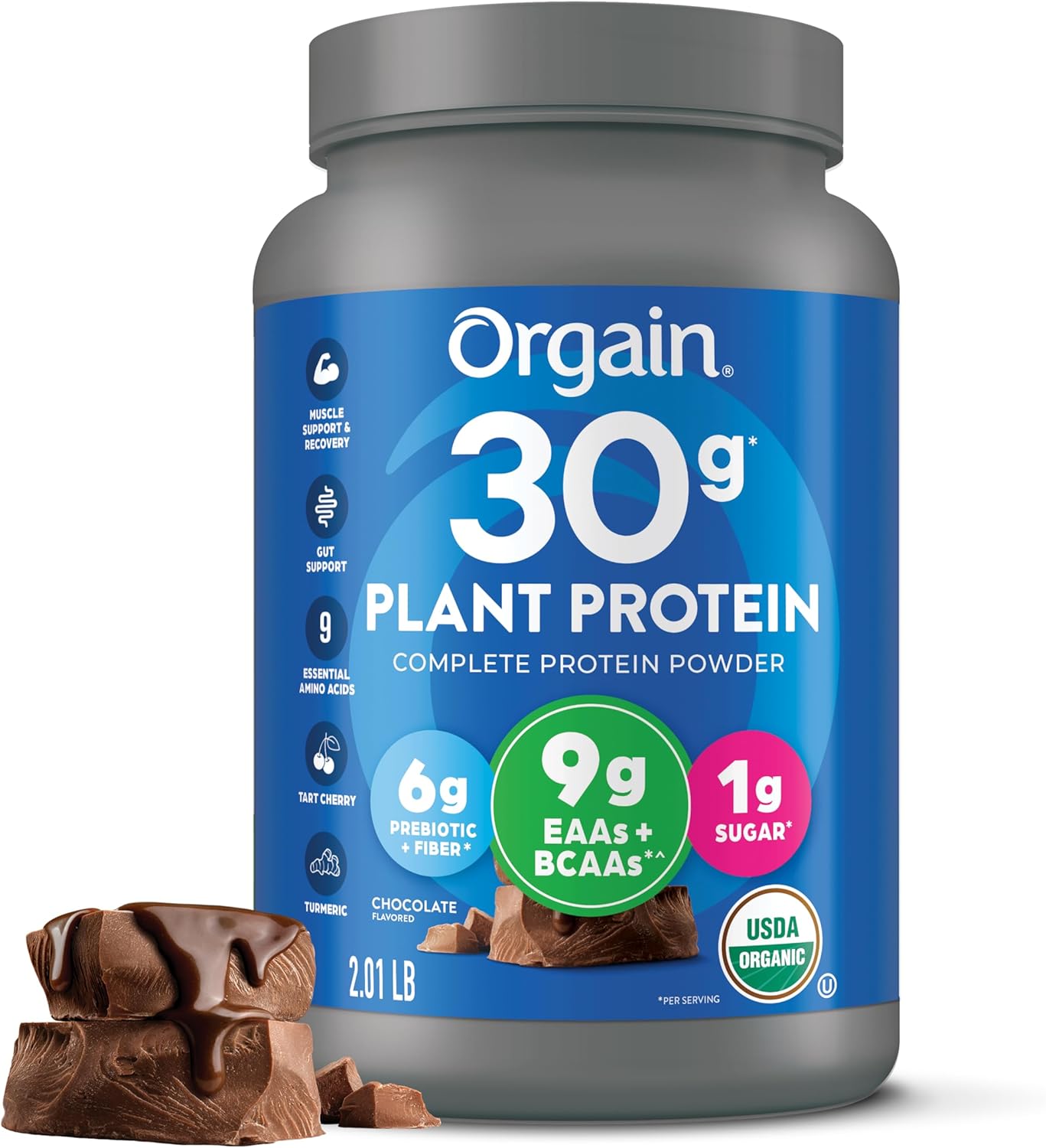 Orgain Organic Chocolate Vegan Protein Powder - 30g Protein, 9g EAAs + BCAAs, Plant-Based, Prebiotic Fiber, 1g Sugar - 2.01lb