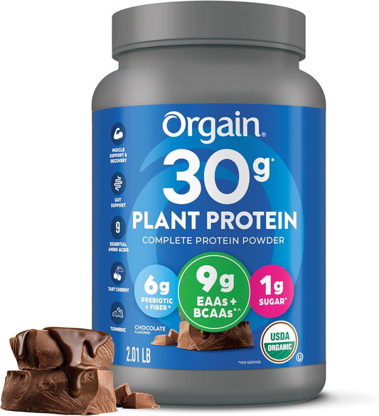 Orgain Organic Chocolate Vegan Protein Powder - 30g Protein, 9g EAAs + BCAAs, Plant-Based, Prebiotic Fiber, 1g Sugar - 2.01lb