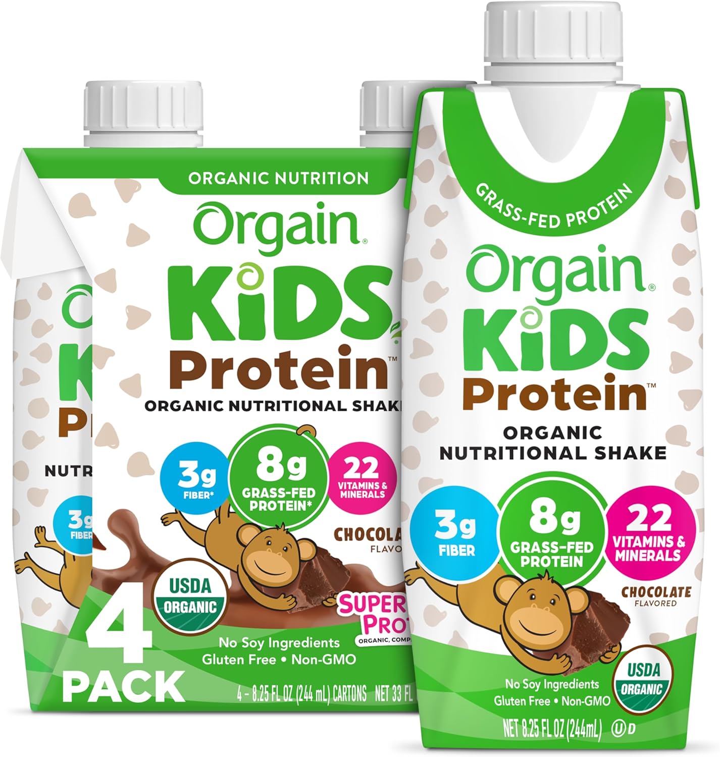 Orgain Organic Kids Chocolate Protein Shake, 8g Dairy Protein, 3g Fiber, 22 Vitamins & Minerals, Non-GMO, 8.25 Fl Oz (4 Pack)