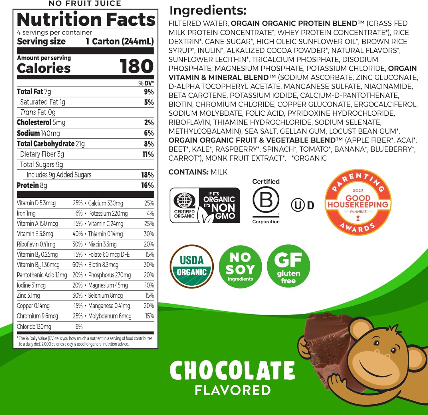 Orgain Organic Kids Chocolate Protein Shake, 8g Dairy Protein, 3g Fiber, 22 Vitamins & Minerals, Non-GMO, 8.25 Fl Oz (4 Pack)