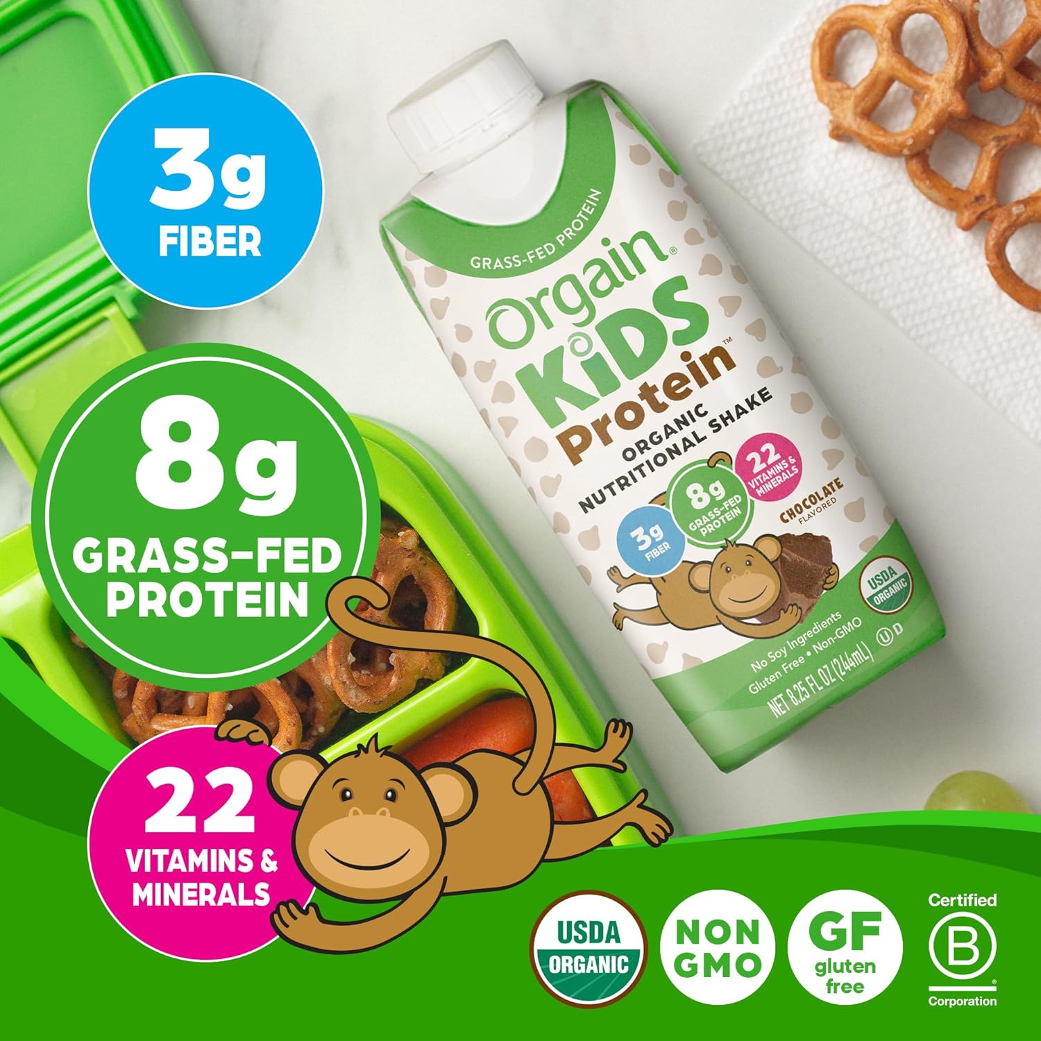 Orgain Organic Kids Chocolate Protein Shake, 8g Dairy Protein, 3g Fiber, 22 Vitamins & Minerals, Non-GMO, 8.25 Fl Oz (4 Pack)