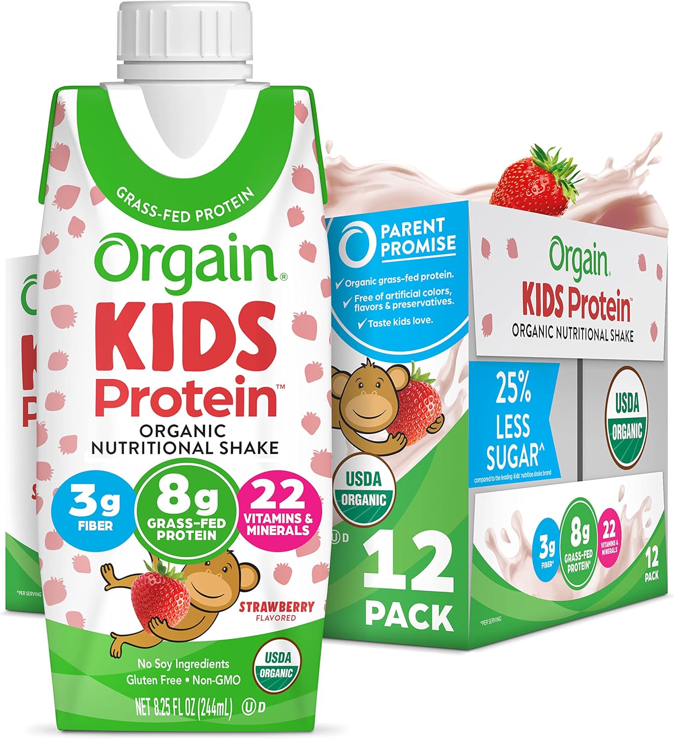 Orgain Organic Kids Strawberry Protein Shake, Healthy Snacks for Kids, 8g Protein, 3g Fiber, 22 Vitamins & Minerals, Soy-Free, Gluten-Free, Non-GMO, 8.25 Fl Oz (Pack of 12) - BoostGo Australia