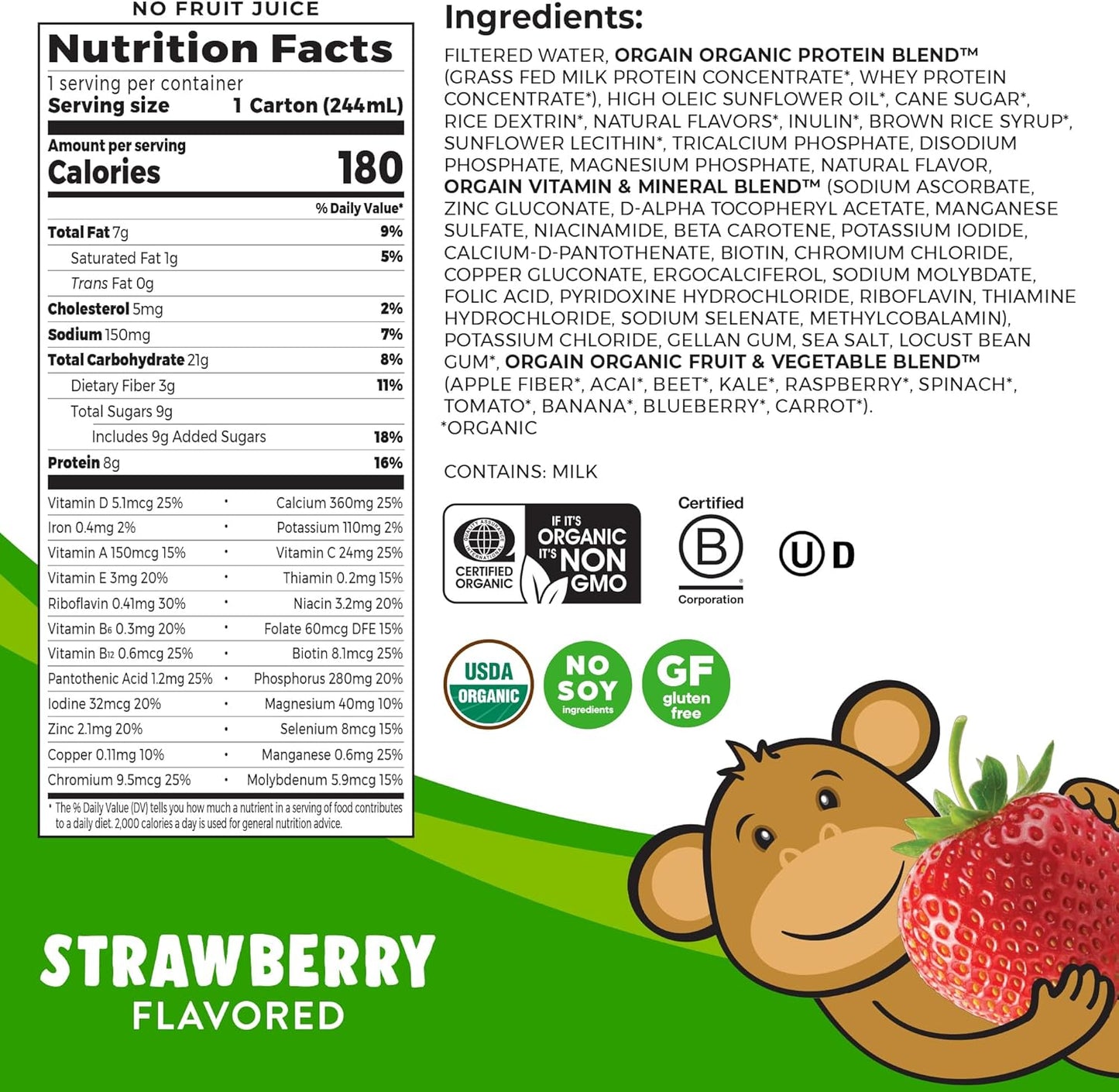 Orgain Organic Kids Strawberry Protein Shake, Healthy Snacks for Kids, 8g Protein, 3g Fiber, 22 Vitamins & Minerals, Soy-Free, Gluten-Free, Non-GMO, 8.25 Fl Oz (Pack of 12) - BoostGo Australia