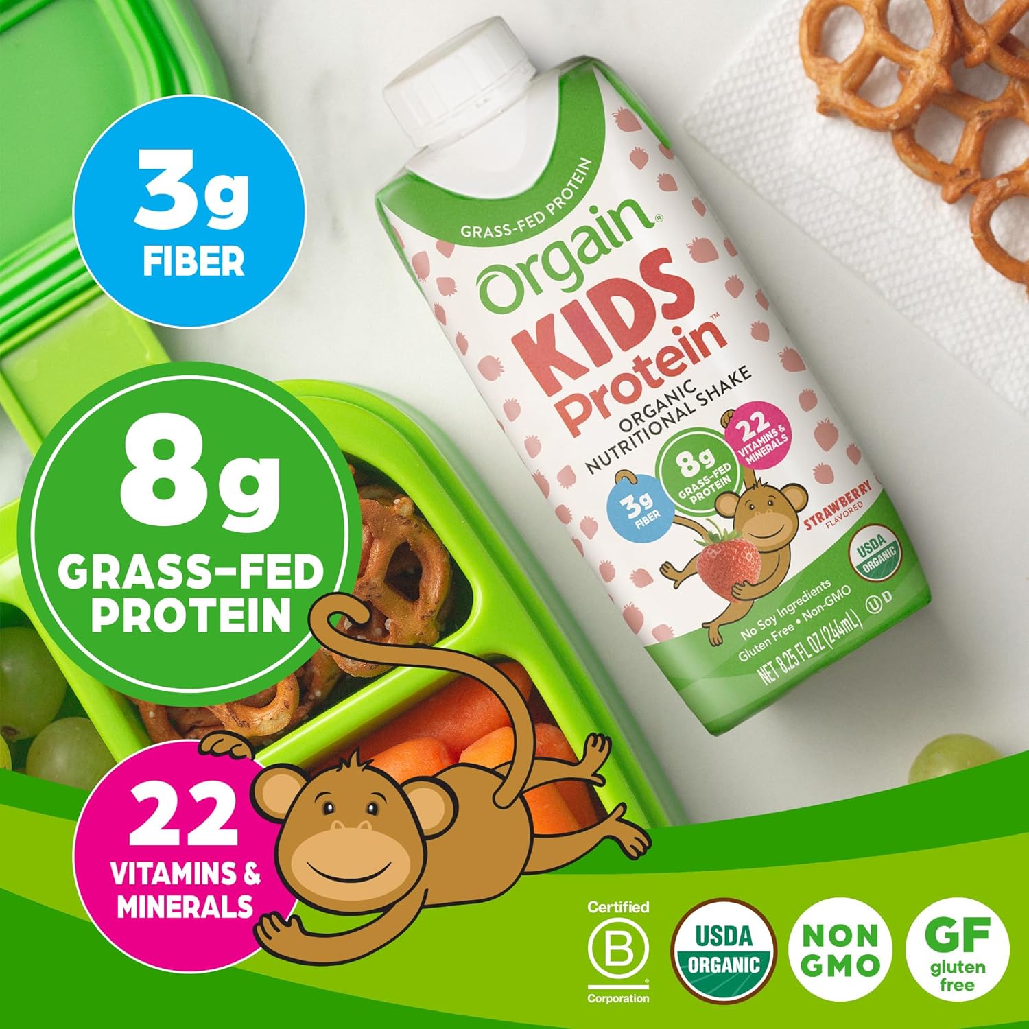 Orgain Organic Kids Strawberry Protein Shake, Healthy Snacks for Kids, 8g Protein, 3g Fiber, 22 Vitamins & Minerals, Soy-Free, Gluten-Free, Non-GMO, 8.25 Fl Oz (Pack of 12) - BoostGo Australia