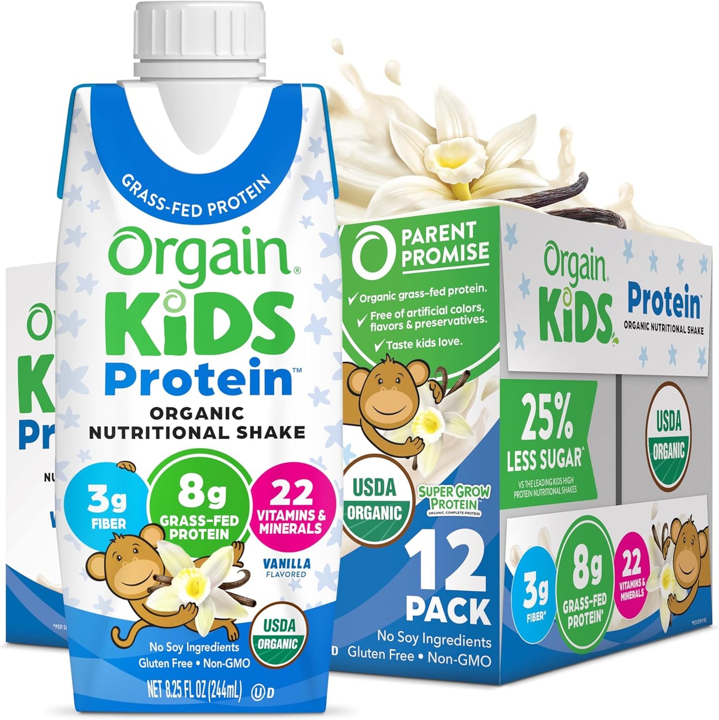 Orgain Organic Kids Vanilla Protein Shake, Healthy Snacks with 8g Dairy Protein, 3g Fiber, No Soy, Gluten Free, Non-GMO - 8.25 Fl Oz (Pack of 12)