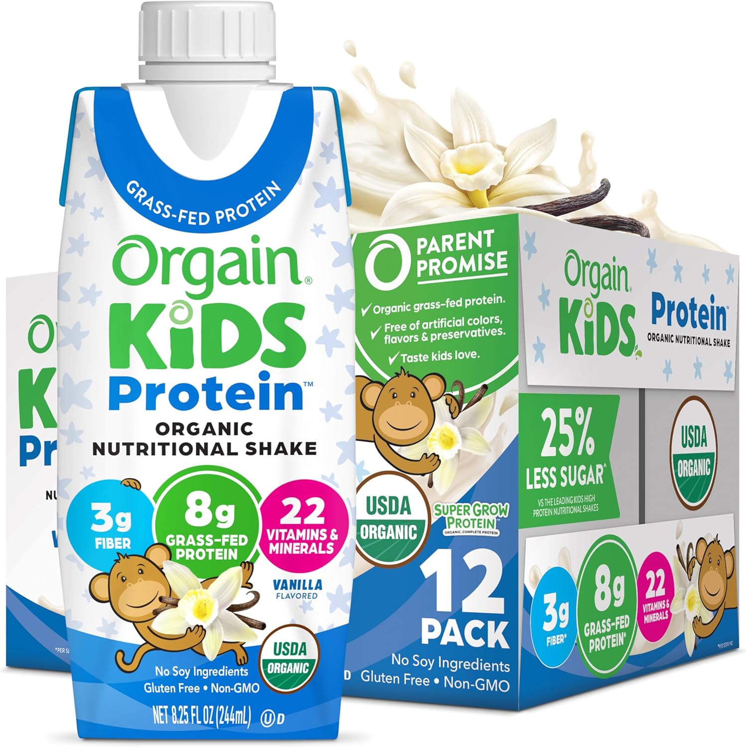 Orgain Organic Kids Vanilla Protein Shake, Healthy Snacks with 8g Dairy Protein, 3g Fiber, No Soy, Gluten Free, Non-GMO - 8.25 Fl Oz (Pack of 12)