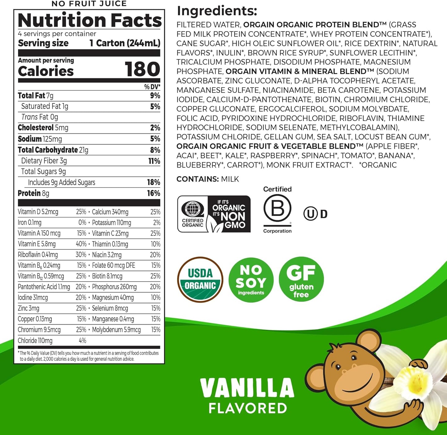 Orgain Organic Kids Vanilla Protein Shake, Healthy Snacks with 8g Dairy Protein, 3g Fiber, No Soy, Gluten Free, Non-GMO - 8.25 Fl Oz (Pack of 12)