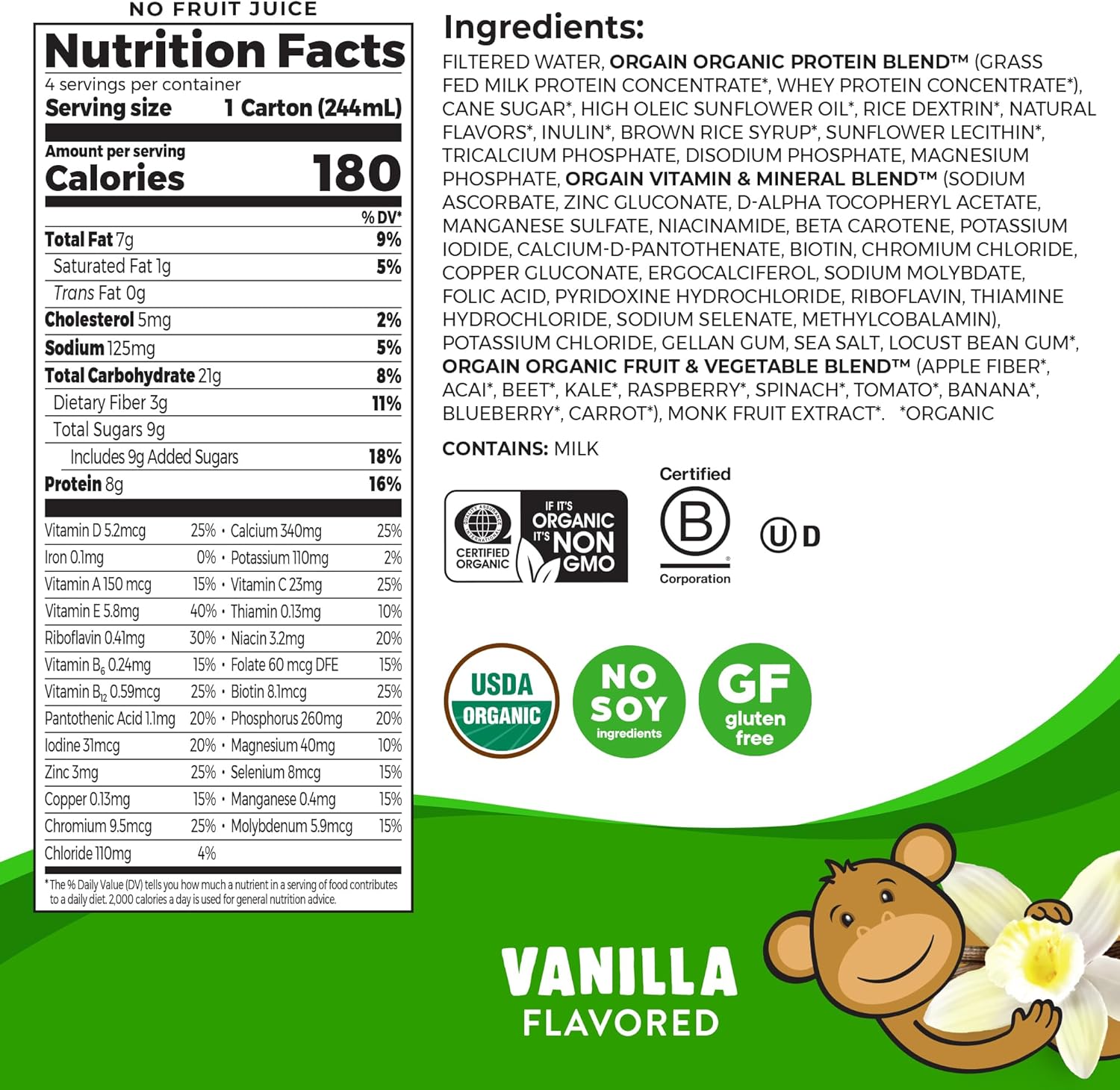 Orgain Organic Kids Vanilla Protein Shake, Healthy Snacks with 8g Dairy Protein, 3g Fiber, No Soy, Gluten Free, Non-GMO - 8.25 Fl Oz (Pack of 12)