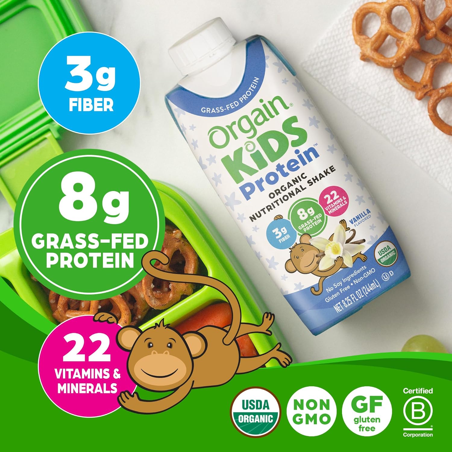 Orgain Organic Kids Vanilla Protein Shake, Healthy Snacks with 8g Dairy Protein, 3g Fiber, No Soy, Gluten Free, Non-GMO - 8.25 Fl Oz (Pack of 12)