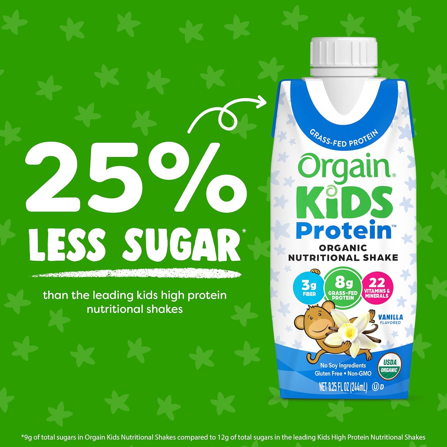 Orgain Organic Kids Vanilla Protein Shake, Healthy Snacks with 8g Dairy Protein, 3g Fiber, No Soy, Gluten Free, Non-GMO - 8.25 Fl Oz (Pack of 12)