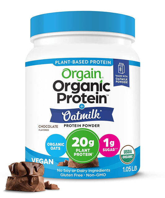 Orgain Organic Vegan Chocolate Protein Powder with Oat Milk - 20g Plant-Based Protein, Gluten-Free, Non-Dairy, Low Sugar - 1.05lb