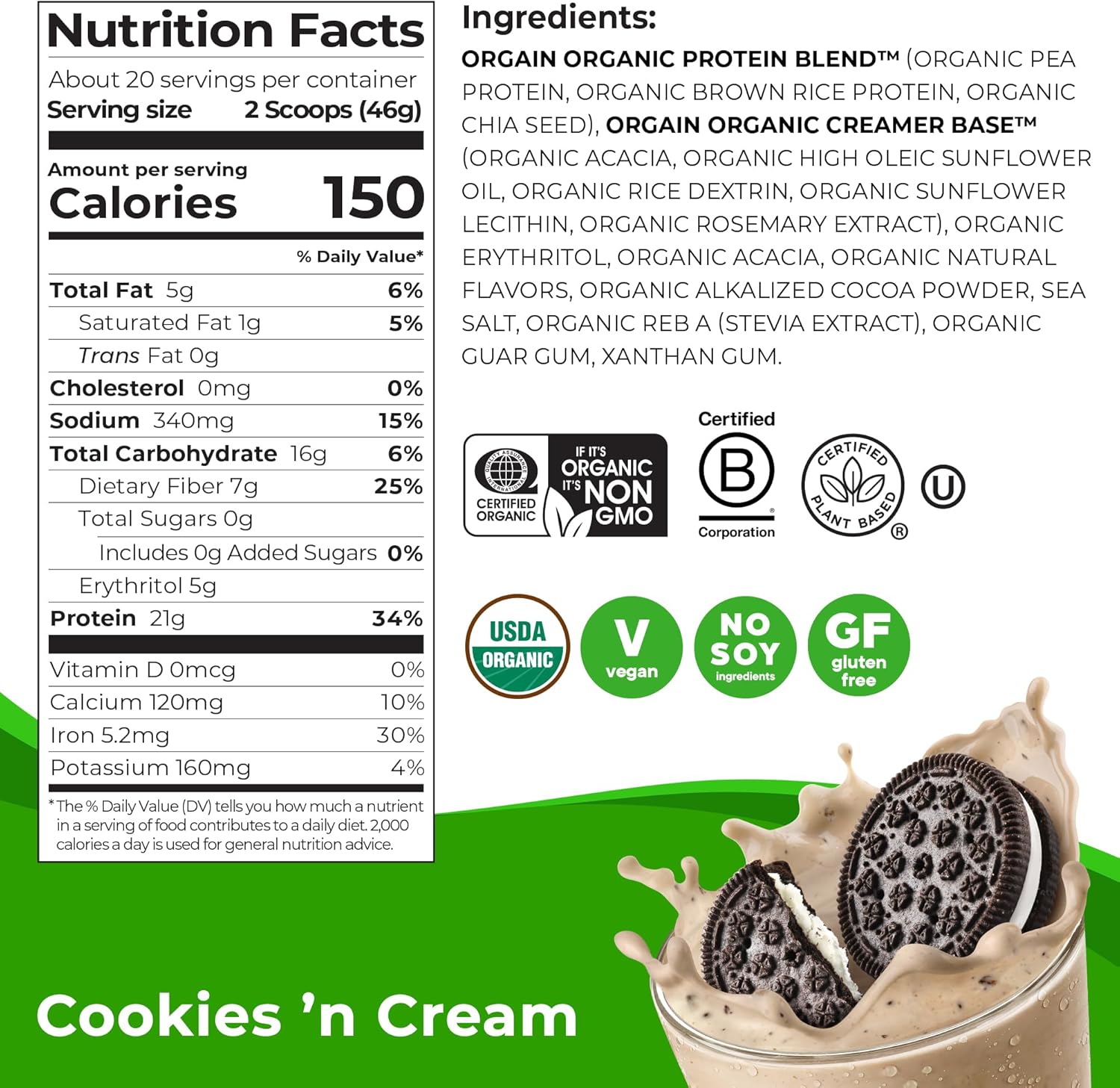 Orgain Organic Vegan Cookies & Cream Protein Powder - 21g Plant-Based Protein, 7g Prebiotic Fiber, Low Net Carb, Non-GMO, 2.03 lb