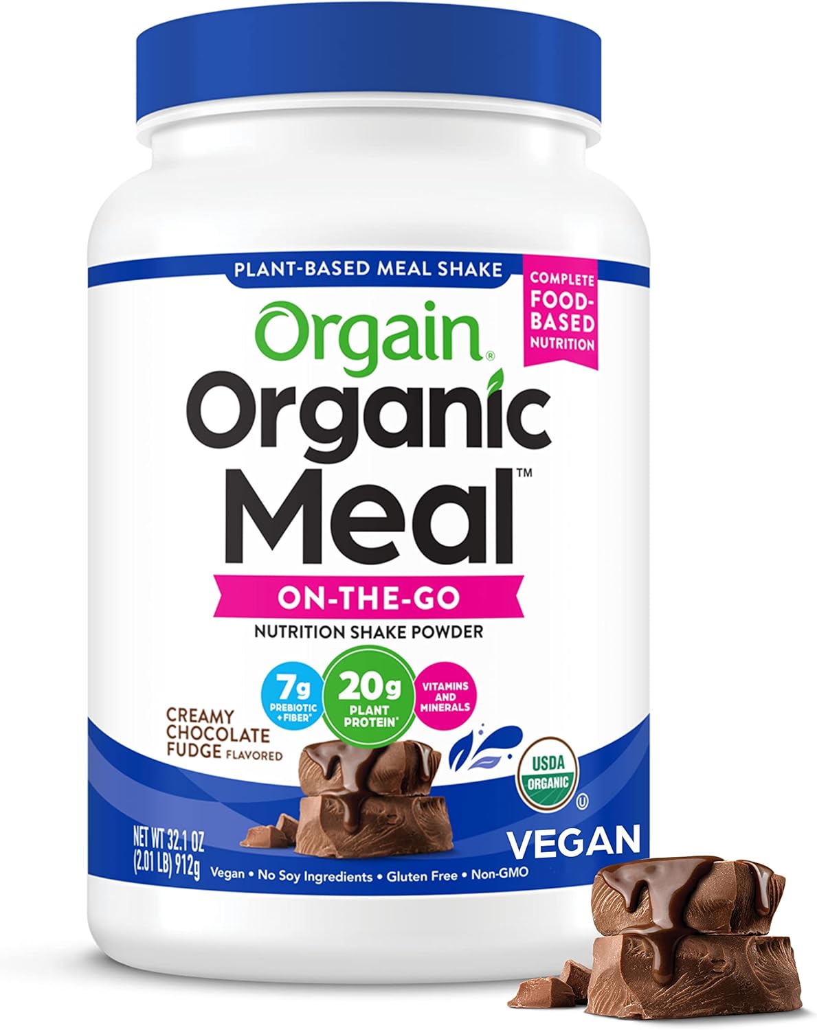 Orgain Organic Vegan Meal Replacement Protein Powder - Creamy Chocolate Fudge, 20g Plant Protein, 7g Fiber, Gluten Free, Shakes & Smoothies - 2.01lb