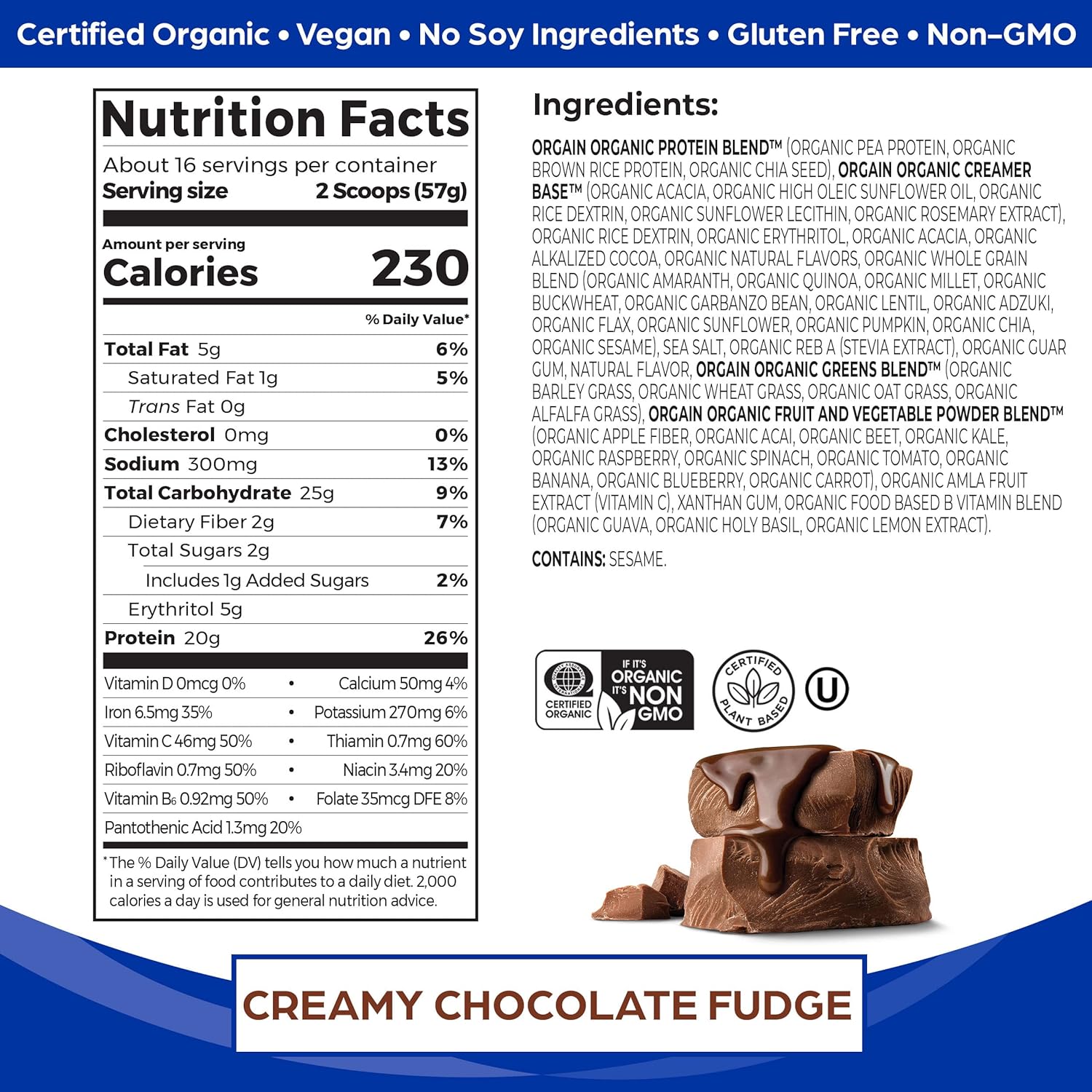 Orgain Organic Vegan Meal Replacement Protein Powder - Creamy Chocolate Fudge, 20g Plant Protein, 7g Fiber, Gluten Free, Shakes & Smoothies - 2.01lb