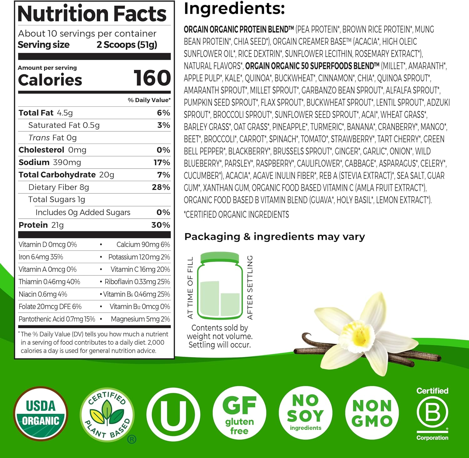 Orgain Organic Vegan Protein Powder with 50 Superfoods - Vanilla Bean Flavor, 21g Plant-Based Protein, 8g Prebiotic Fiber, Lactose-Free, Gluten-Free, Non-GMO, 1.12 lb