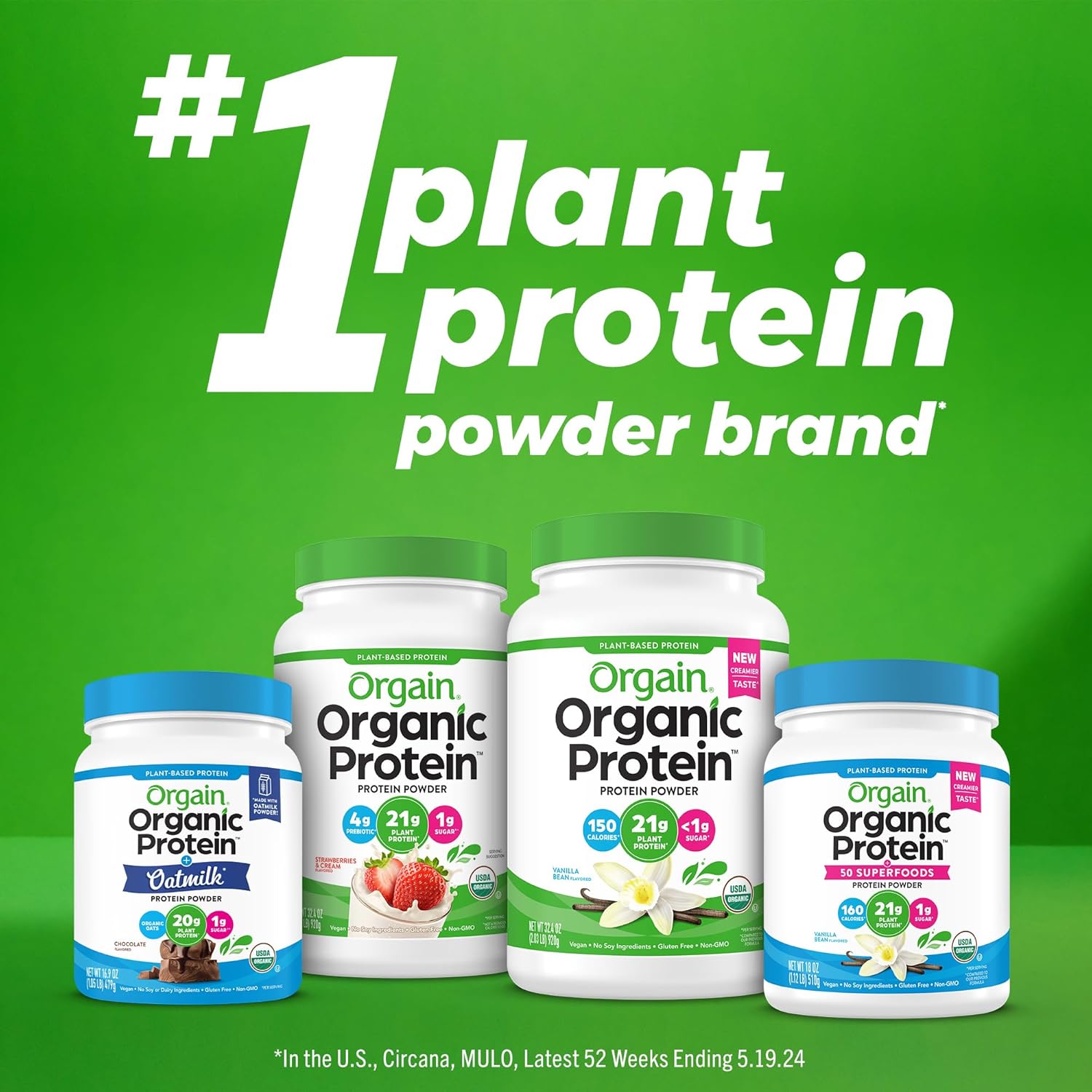 Orgain Organic Vegan Protein Powder with 50 Superfoods - Vanilla Bean Flavor, 21g Plant-Based Protein, 8g Prebiotic Fiber, Lactose-Free, Gluten-Free, Non-GMO, 1.12 lb