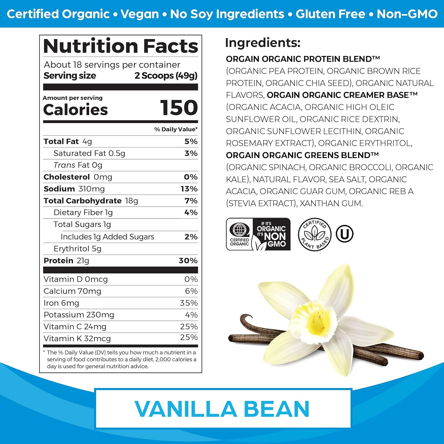 Orgain Organic Vegan Protein Powder with Greens, Vanilla Bean - 21g Protein, 6g Fiber, Gluten Free, No Sugar Added - 1.94lb