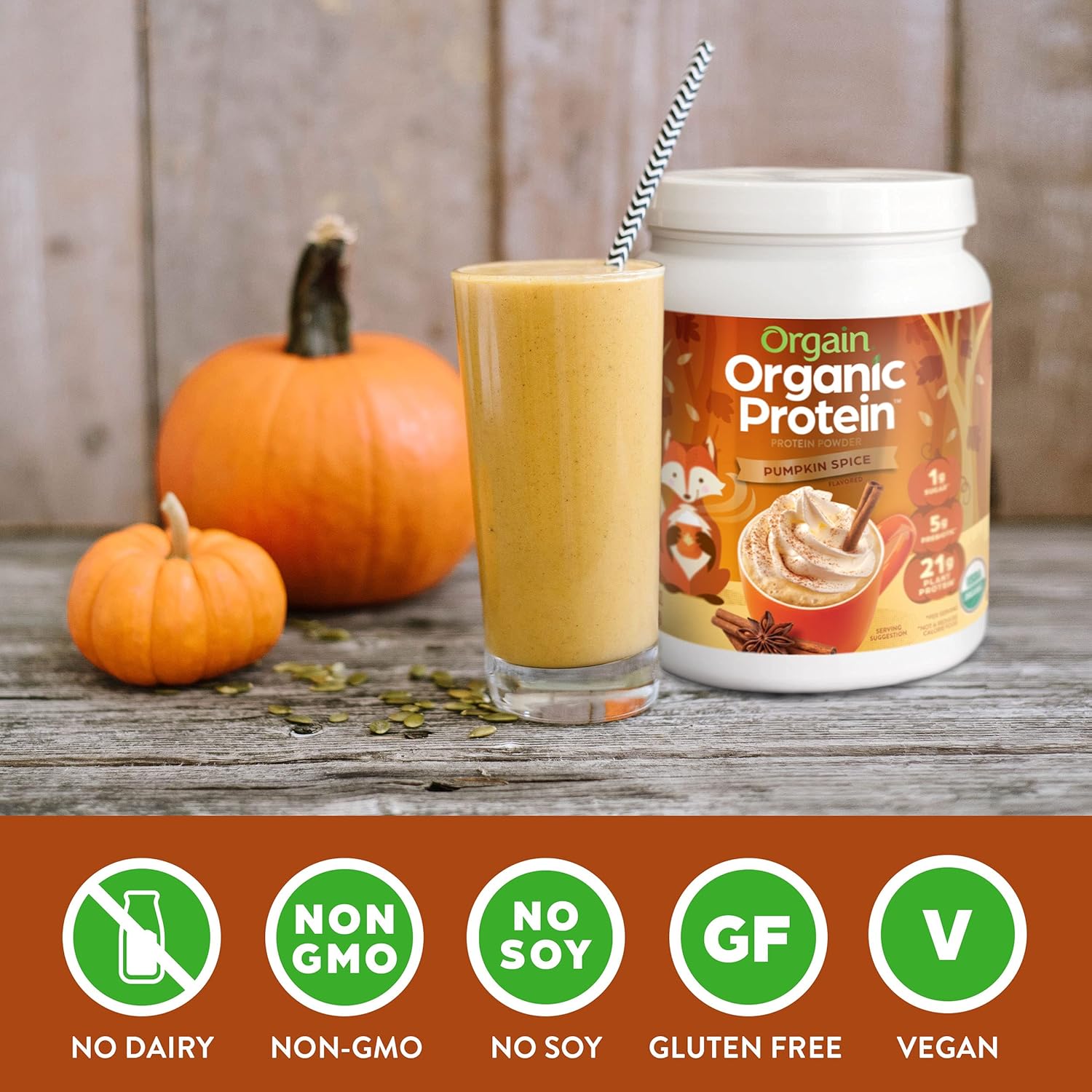 Orgain Organic Vegan Pumpkin Spice Protein Powder - 21g Plant Protein, 5g Fiber, No Lactose, No Added Sugar, Non-GMO - 1.02 lb