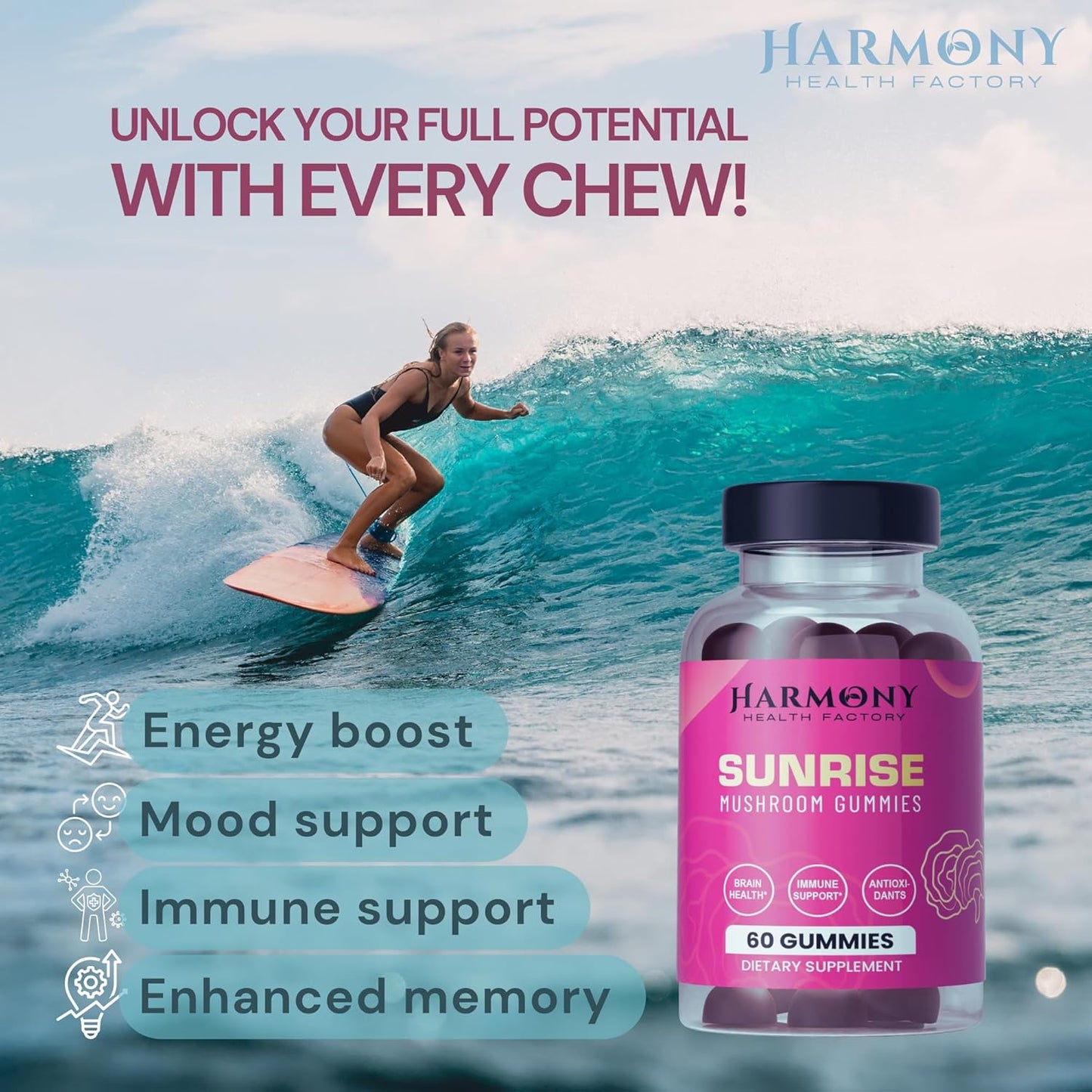 Organic 10x Potency Mushroom Supplement Gummies for Energy and Mood - Immune Support with Lion's Mane, Cordyceps, Reishi, Chaga, Turkey Tail - Nootropic Adaptogenic Raspberry Flavor - 60 Count