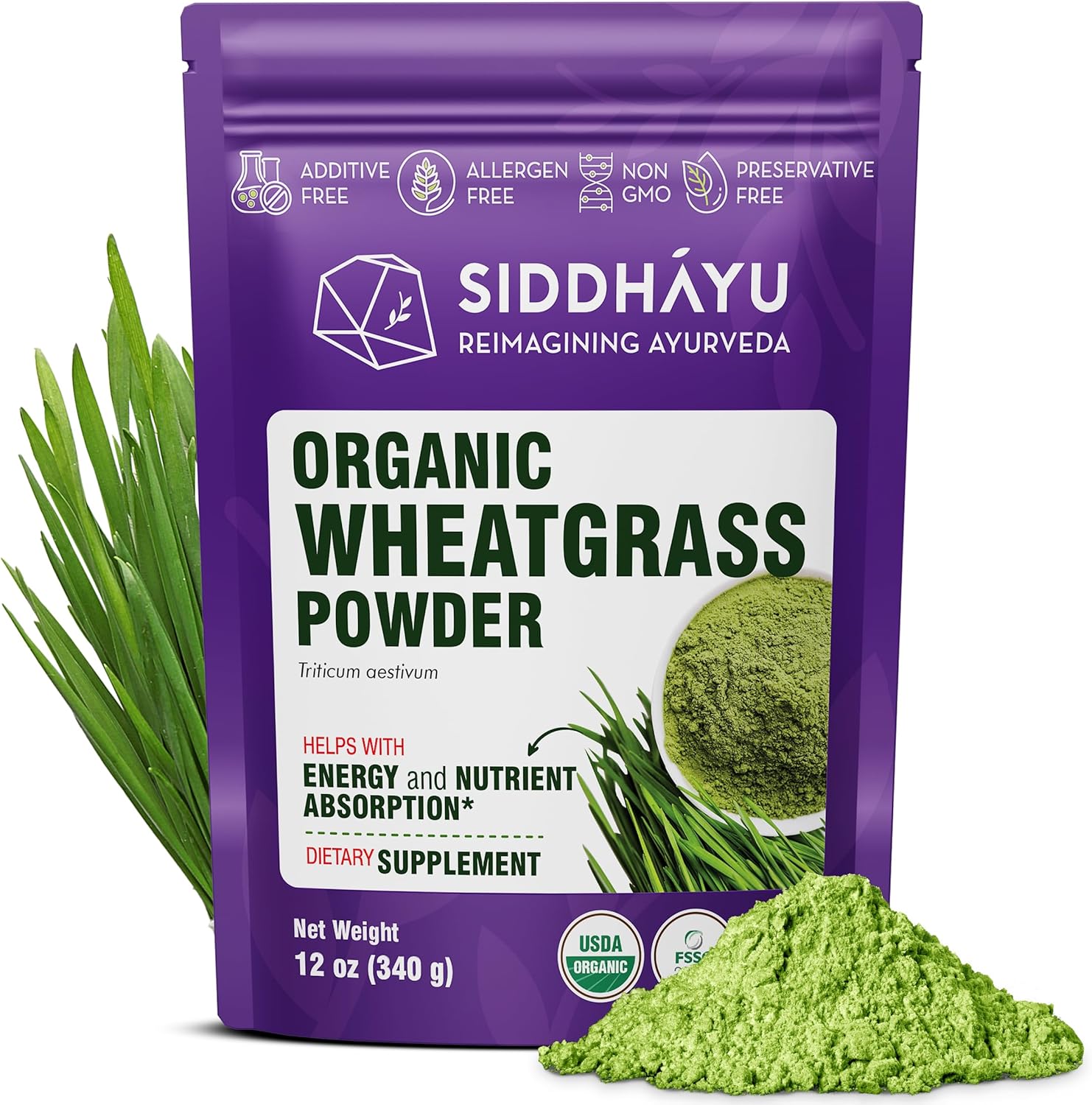 Organic 12 oz Siddhayu Wheatgrass Powder - All-Natural Superfood Supplement