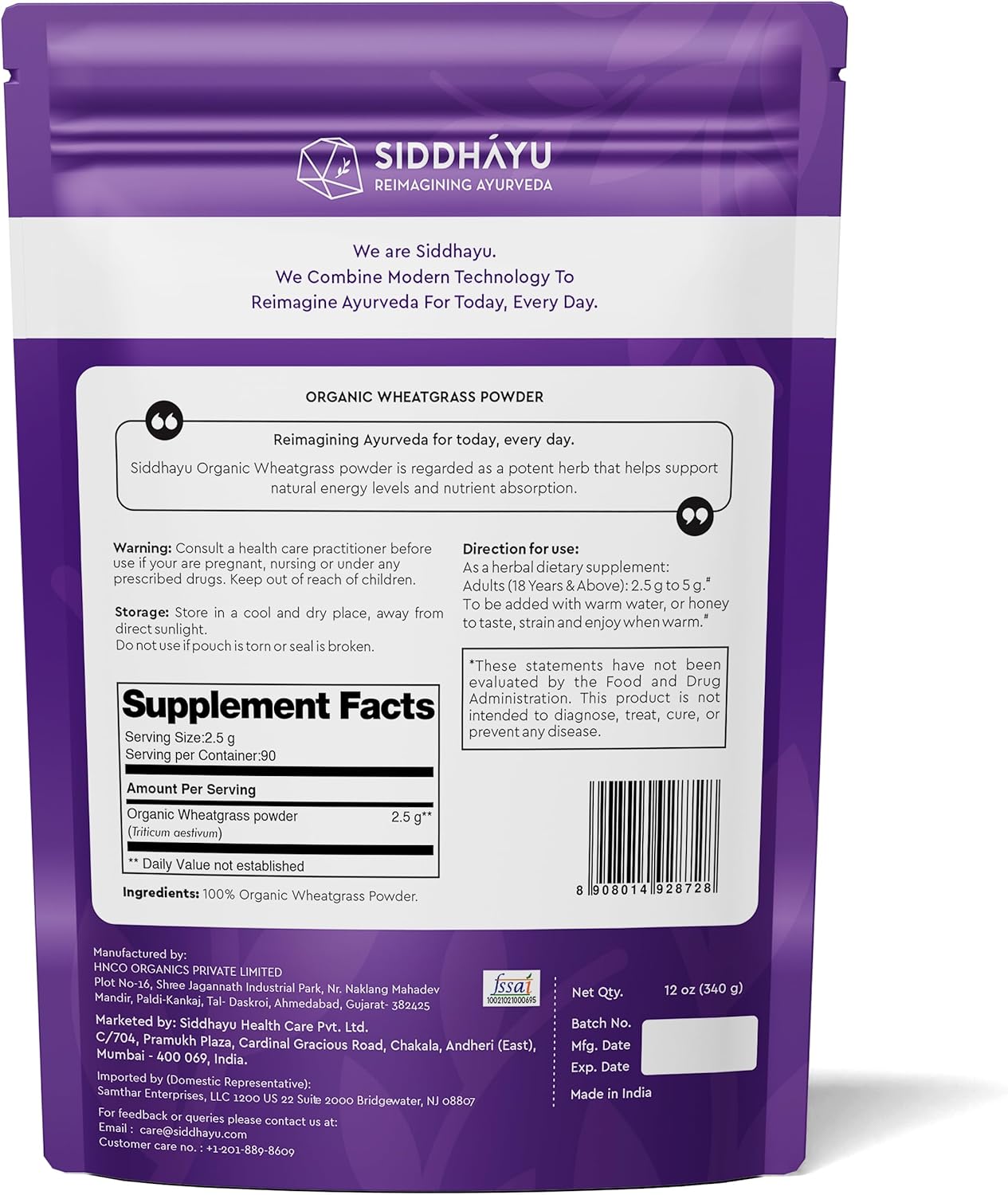 Organic 12 oz Siddhayu Wheatgrass Powder - All-Natural Superfood Supplement