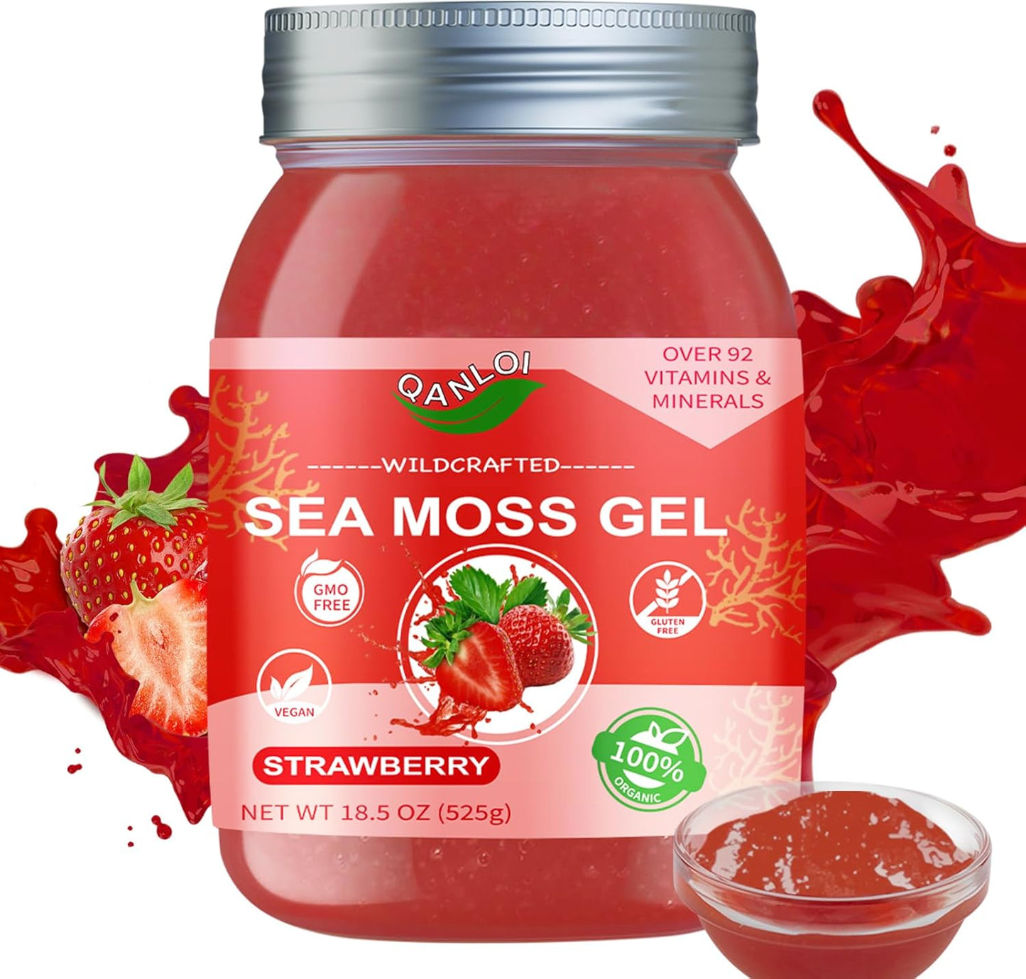 Organic 18.5OZ Strawberry Sea Moss Gel - Rich in 92 Vitamins and Minerals - Sea Moss Supplement for Health