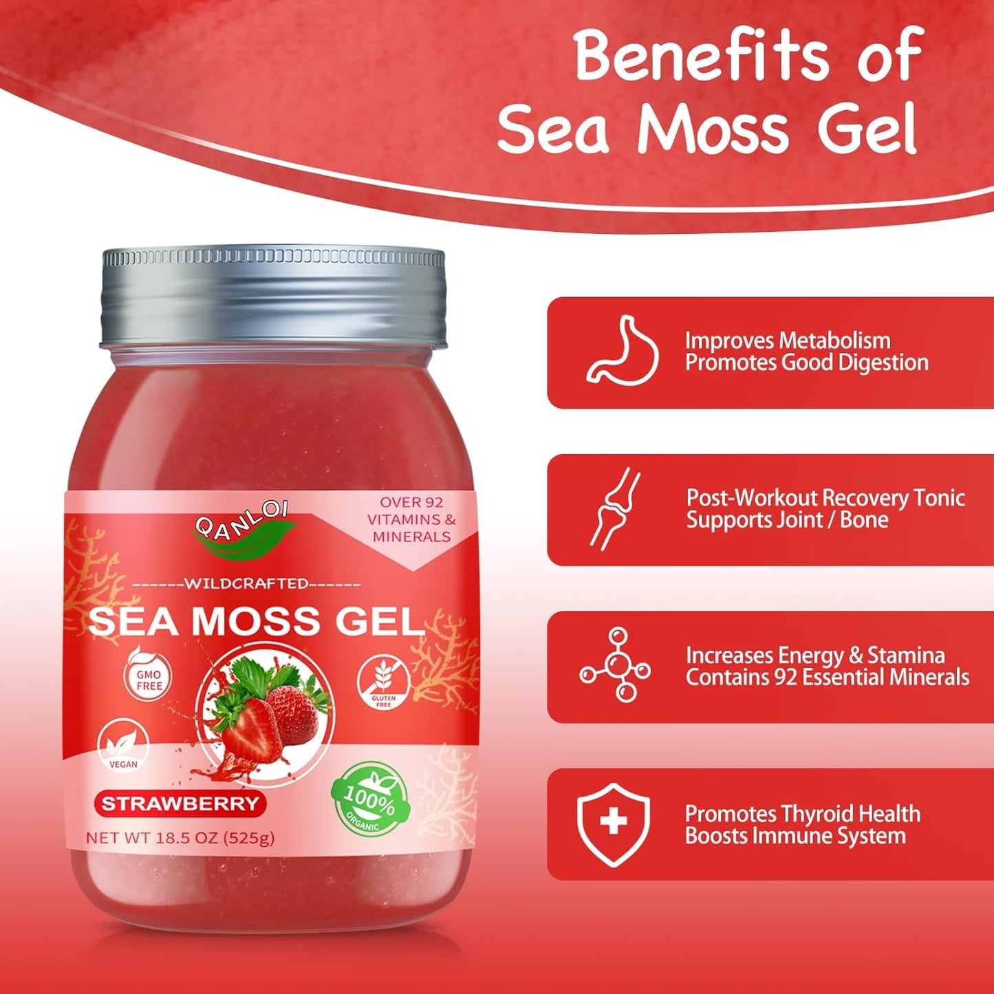 Organic 18.5OZ Strawberry Sea Moss Gel - Rich in 92 Vitamins and Minerals - Sea Moss Supplement for Health