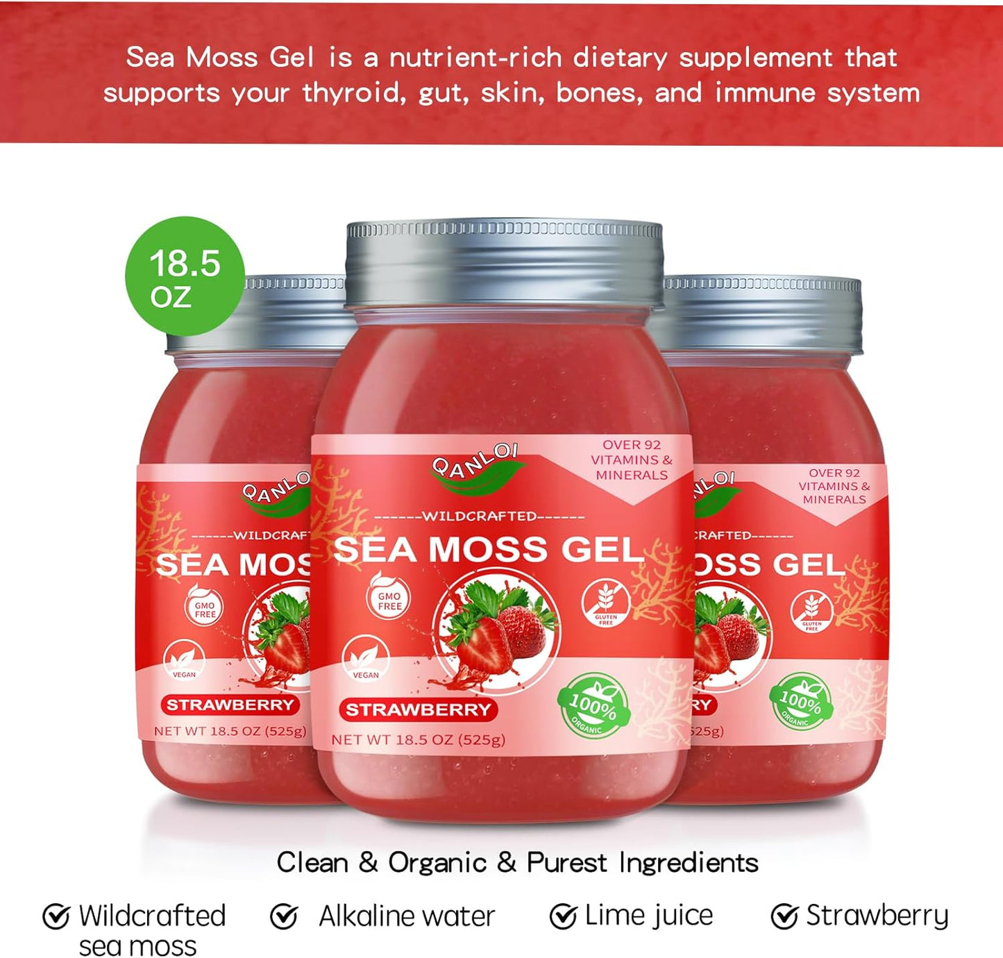 Organic 18.5OZ Strawberry Sea Moss Gel - Rich in 92 Vitamins and Minerals - Sea Moss Supplement for Health
