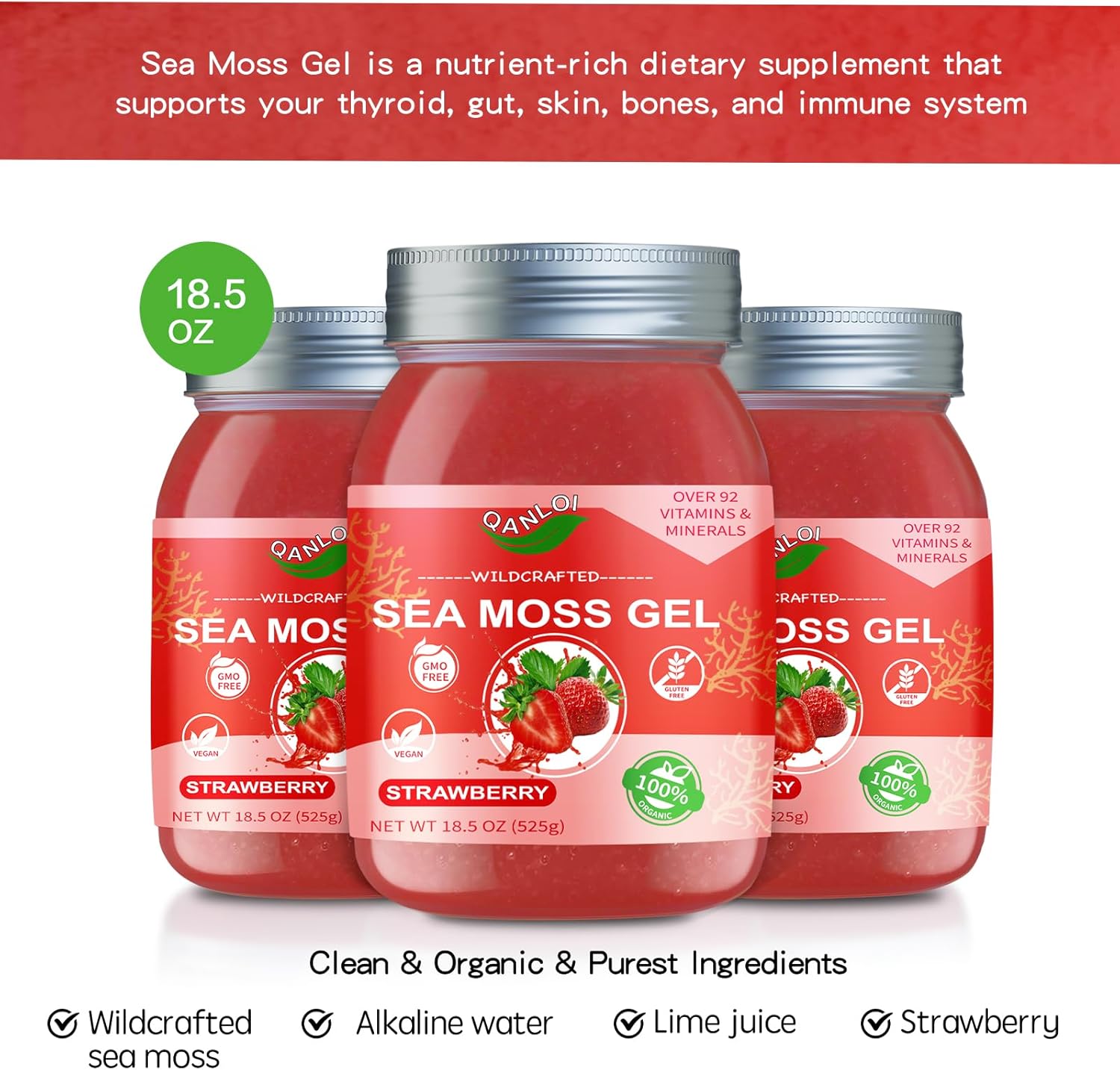 Organic 18.5OZ Strawberry Sea Moss Gel - Rich in 92 Vitamins and Minerals - Sea Moss Supplement for Health