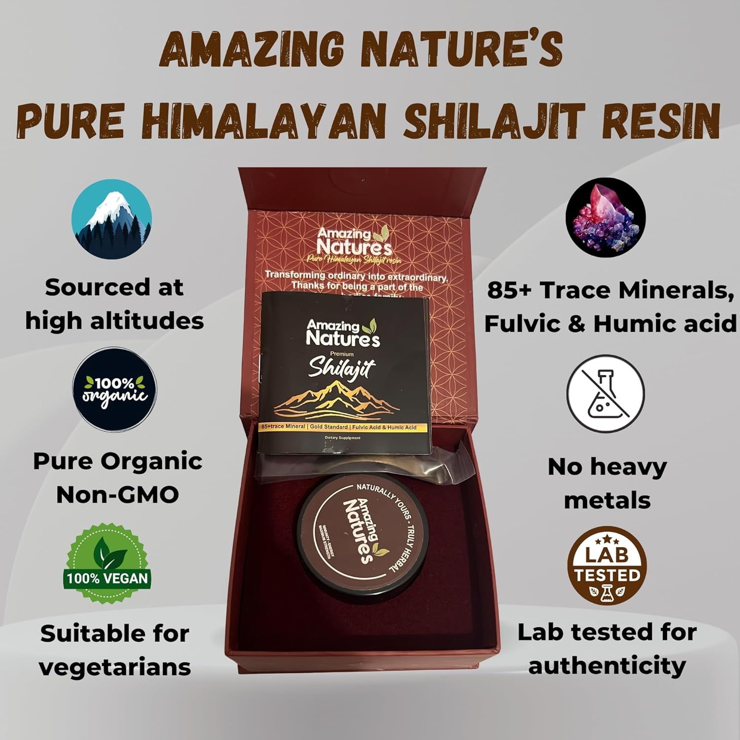 Organic 500mg Himalayan Shilajit Resin Supplement for Energy & Immune Support - High Potency with 85+ Trace Minerals & Fulvic Acid - 30g Purity Tested by Amazing Natures