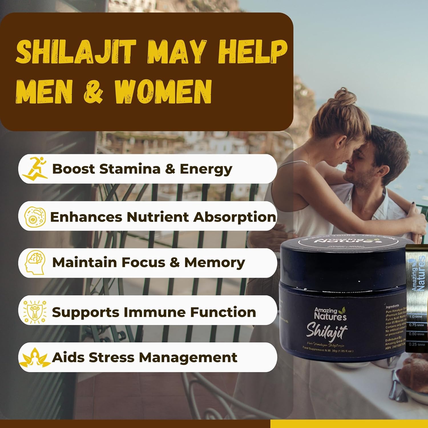Organic 500mg Himalayan Shilajit Resin Supplement for Energy & Immune Support - High Potency with 85+ Trace Minerals & Fulvic Acid - 30g Purity Tested by Amazing Natures