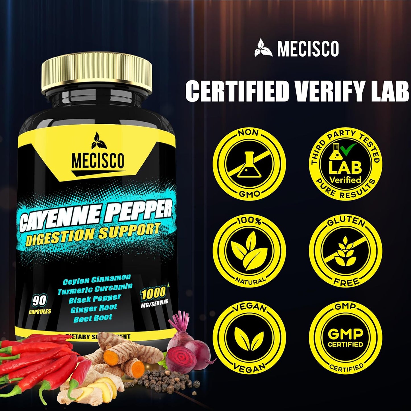 Organic 6in1 Cayenne Pepper Capsules with Ginger & Beet Root - 90 Capsules - Supports Digestion, Immunity & Joint Health
