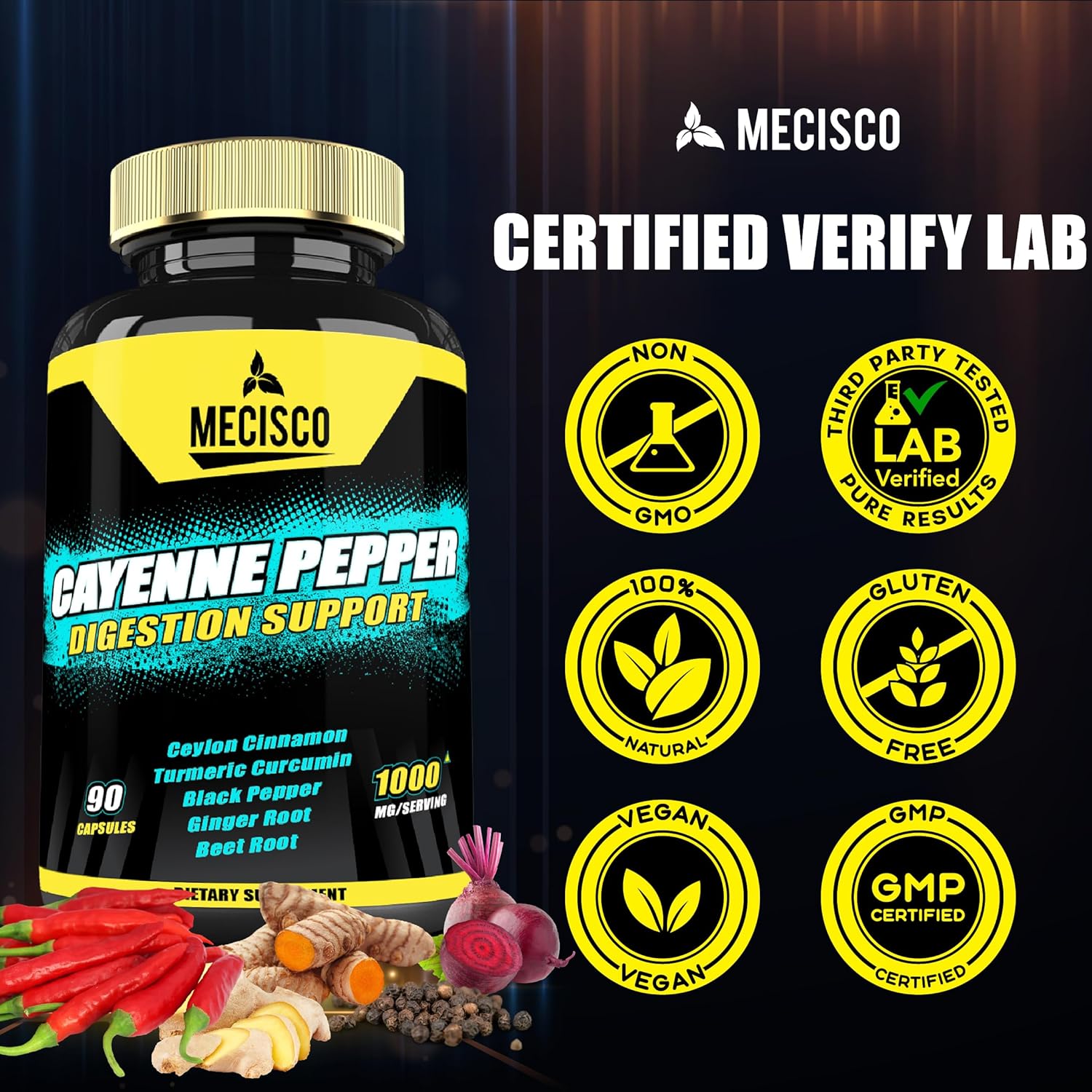 Organic 6in1 Cayenne Pepper Capsules with Ginger & Beet Root - 90 Capsules - Supports Digestion, Immunity & Joint Health