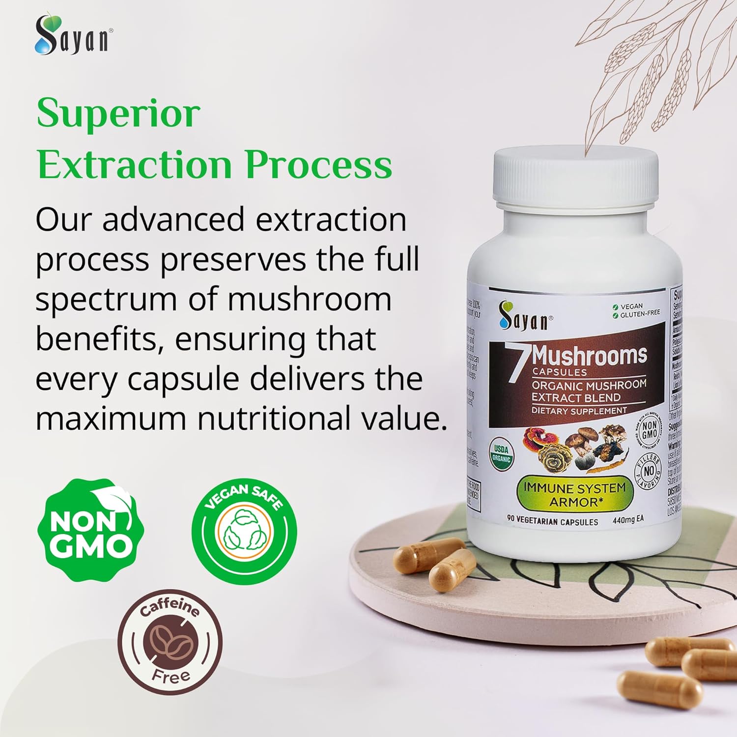 Organic 7 Mushroom Extract Capsules for Immune Support & Energy - Vegan, Non-GMO Blend of Chaga, Reishi, Lion's Mane, Maitake, Shiitake, Turkey Tail - 90 Capsules, 440mg ea, No Fillers