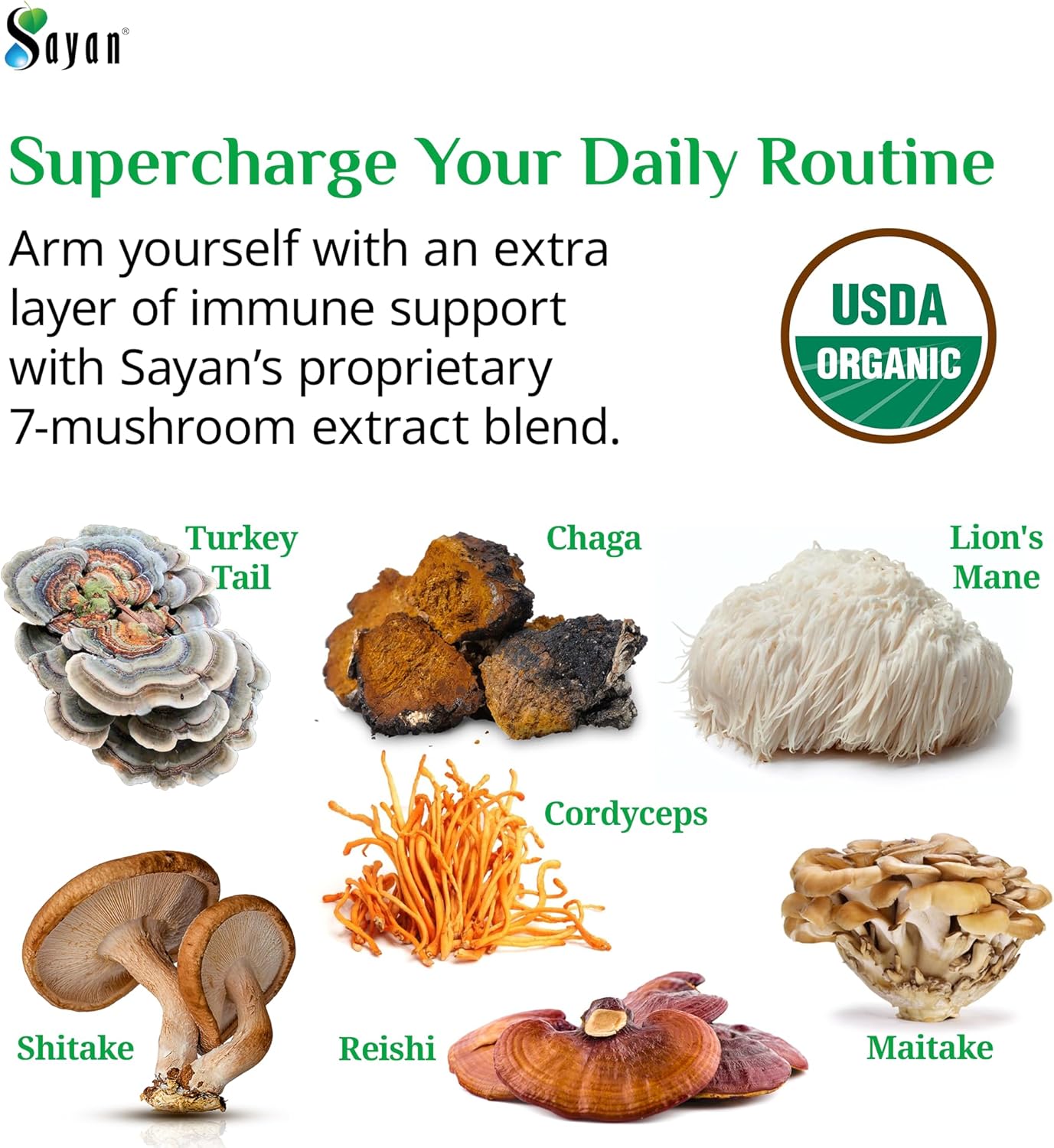 Organic 7 Mushroom Extract Capsules for Immune Support & Energy - Vegan, Non-GMO Blend of Chaga, Reishi, Lion's Mane, Maitake, Shiitake, Turkey Tail - 90 Capsules, 440mg ea, No Fillers