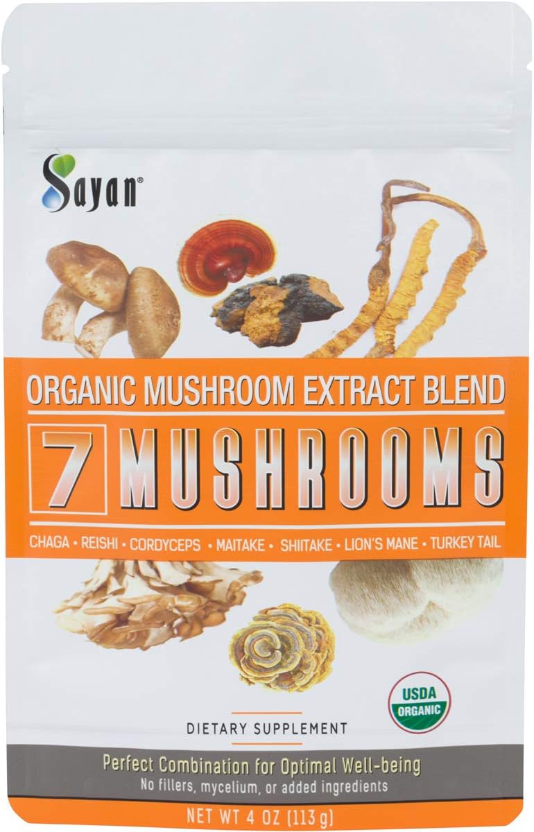 Organic 7 Mushroom Extract Powder Supplement 4 oz - Chaga, Reishi, Cordyceps, Maitake, Shiitake, Lion's Mane, Turkey Tail - No Fillers, Add to Coffee or Tea