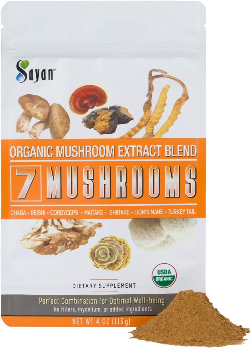 Organic 7 Mushroom Extract Powder Supplement 4 oz - Chaga, Reishi, Cordyceps, Maitake, Shiitake, Lion's Mane, Turkey Tail - No Fillers, Add to Coffee or Tea