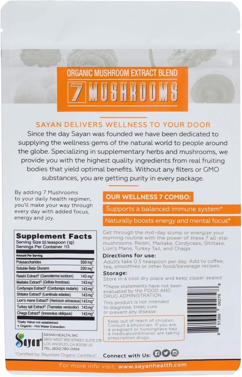 Organic 7 Mushroom Extract Powder Supplement 4 oz - Chaga, Reishi, Cordyceps, Maitake, Shiitake, Lion's Mane, Turkey Tail - No Fillers, Add to Coffee or Tea
