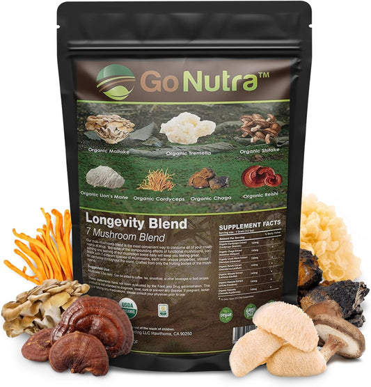 Organic 7 Mushroom Supplement Powder with Lion’s Mane, Chaga, Shiitake, Maitake, Reishi, Tremella, and Cordyceps - Non-GMO, Gluten-Free, Vegan - 4 oz