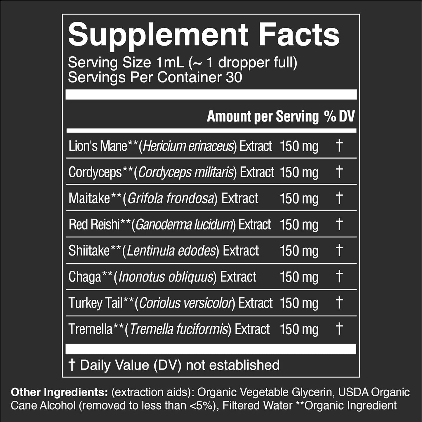 Organic 8 Mushroom Complex Liquid Drops - Mood, Immunity & Longevity Support - Lions Mane, Shiitake, Cordyceps & More - 30 Servings, 1 fl oz